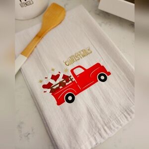 Cute Winter Christmas Stocking Truck Dish Tea Towel with a little gold glitter